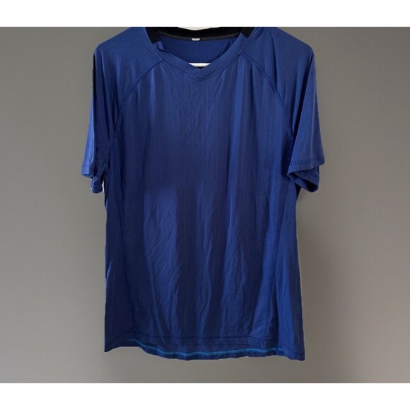 Lululemon Blue & Black Athletic V-Neck Stretch T-Shirt Mens Size Small - Picture 1 of 6